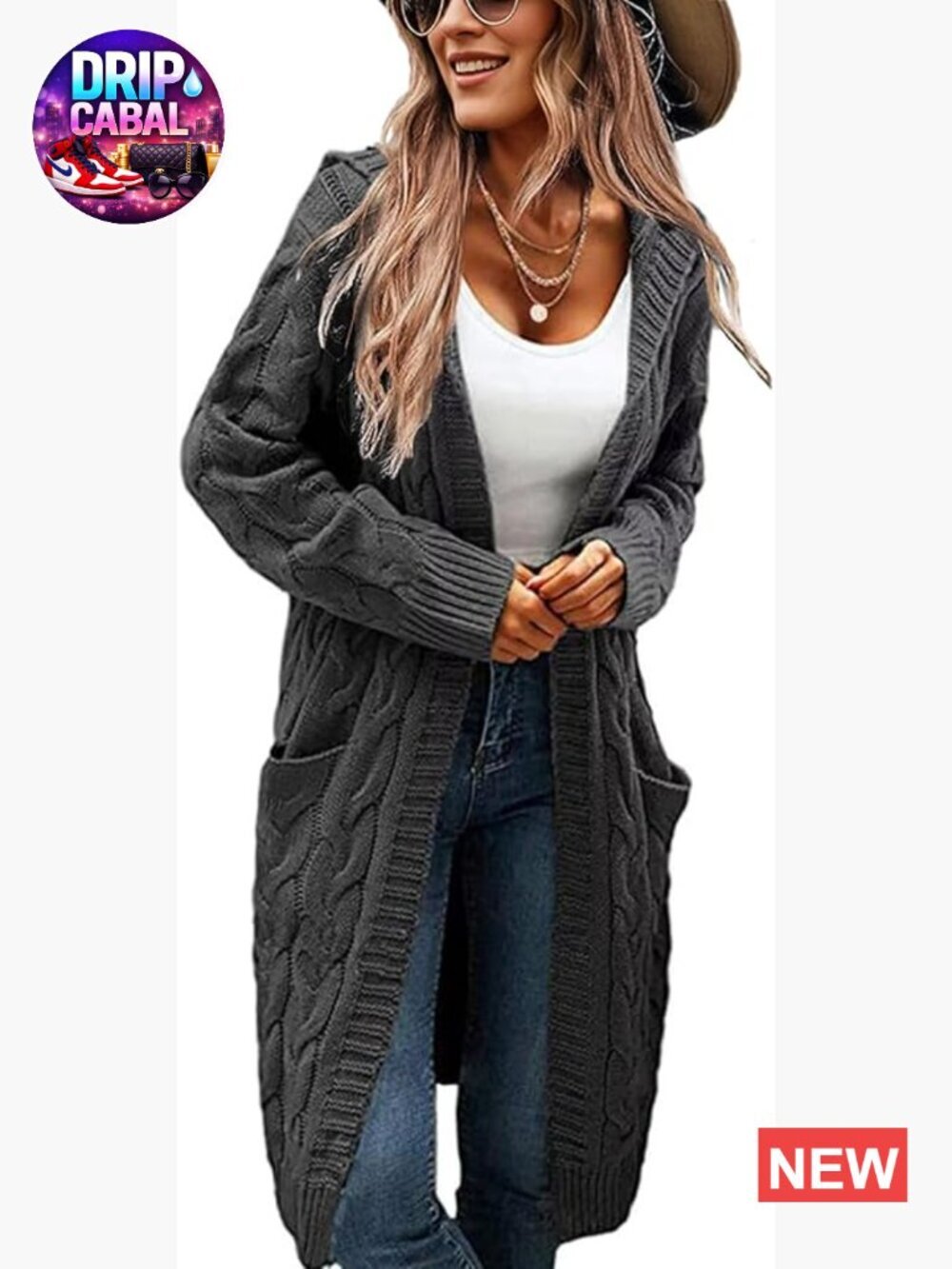 Oversized Hooded Cable Knit Cardigan with Pockets Chunky Long Open Front